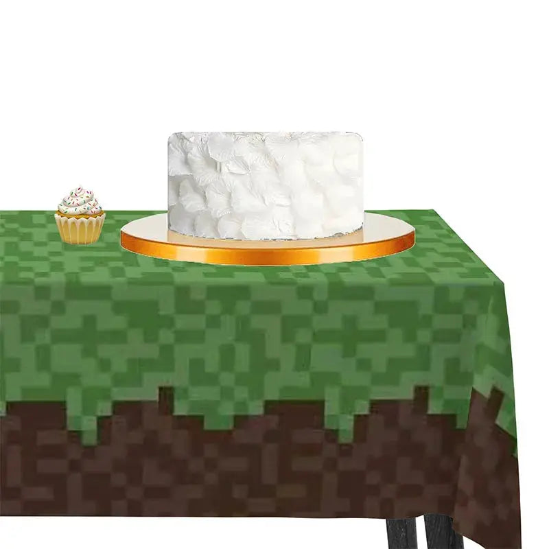 Pixel Miner Style Grass Tablecloth For Gaming Birthday Party Decor Mining Craft Theme Pixel Miner Party Supplies