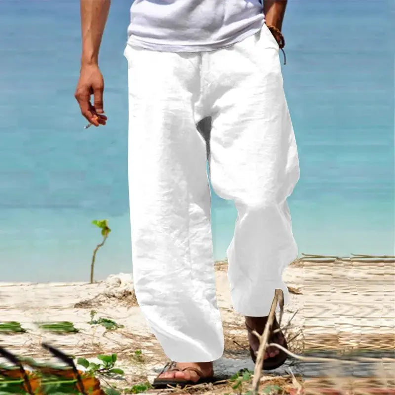 Men's white cotton-linen pants with loose fit and drawstring, breathable long jogger trousers