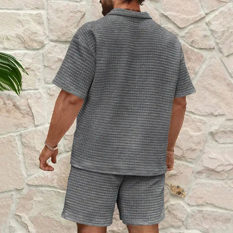 2024European and American Men's Spring and Summer Trends Youth Outdoor Lapel Small Plaid Short Sleeve Shorts Sports Suit