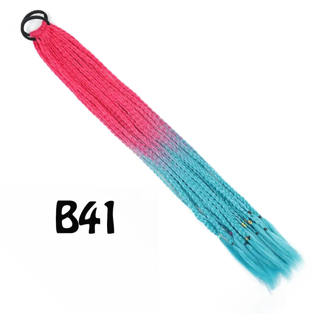 Simples Market synthetic gradient braided ponytail extension with elastic band, 24 inches, pink-to-teal rainbow braid