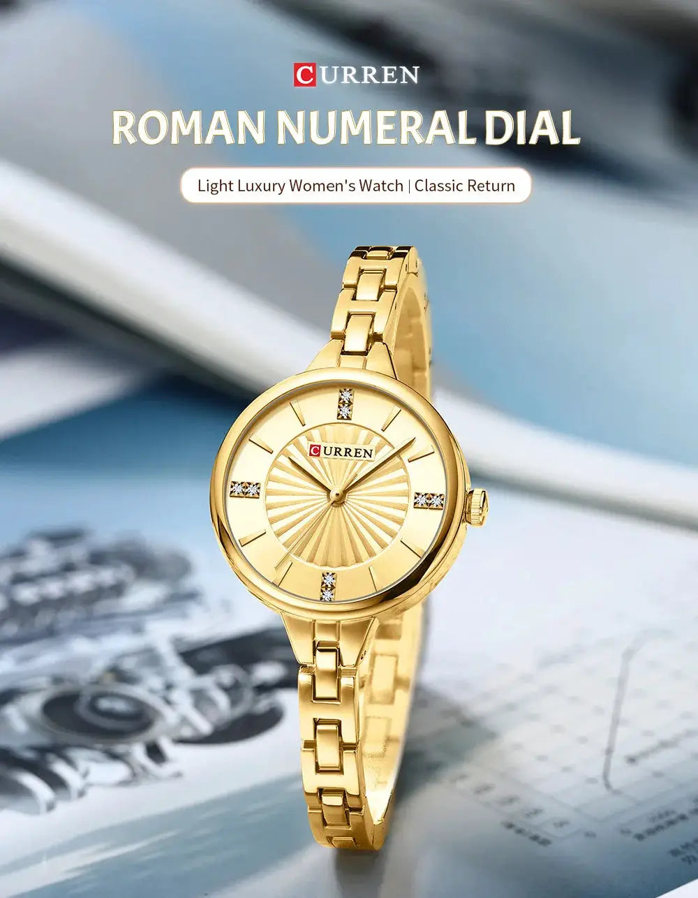 CURREN women's gold-tone quartz watch with stainless steel bracelet and roman numeral dial