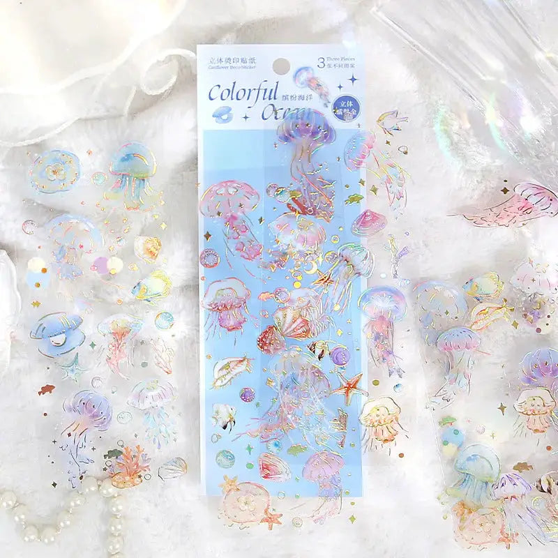 Three Piece Kawaii Feather Dragonfly Bird Jellyfish Decorative Sticker Pack for Scrapbooking Journals and Planners