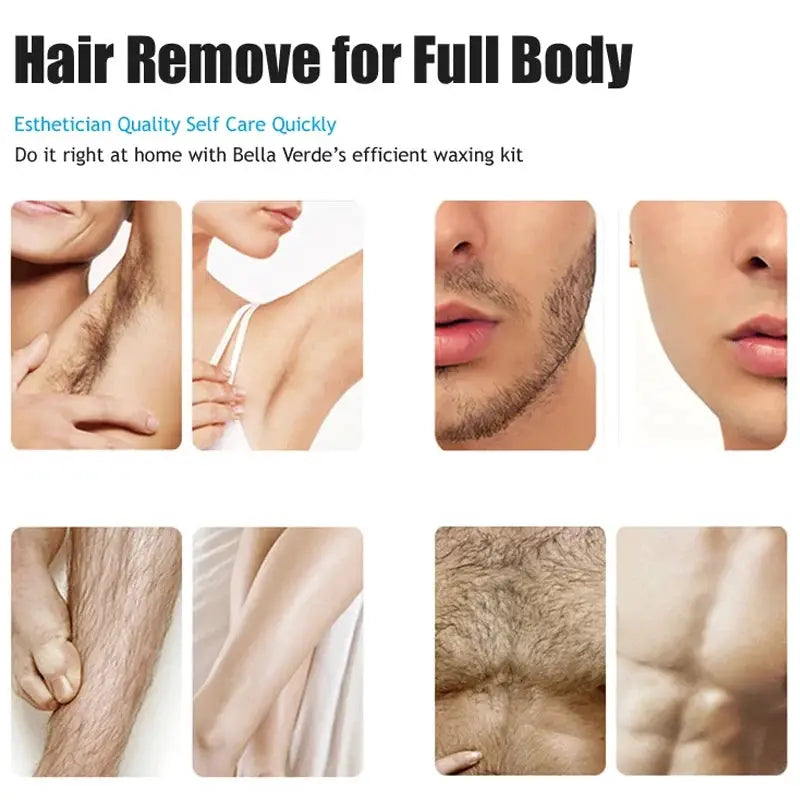 Wax heater machine collage for full-body hair removal; armpit, leg, chest close-ups