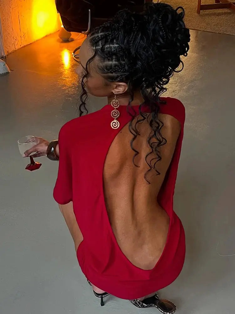 Nibber O Neck Sexy Backless Mini Dress For Women Y2K Solid Trend Style