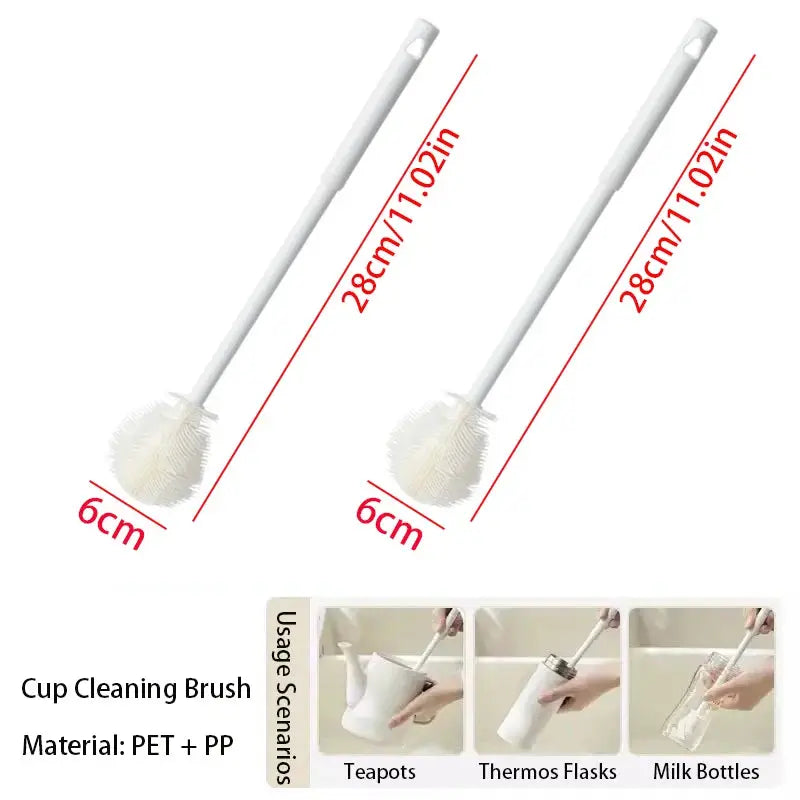 Two white long-handle cup brushes by Simples Market, PET+PP bristles, 28 cm length for teapots and milk bottles