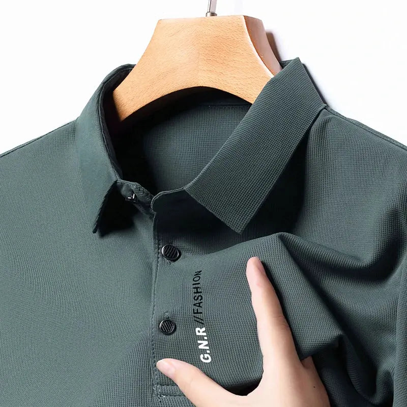 Men's short-sleeve solid dark green polo shirt with breathable fabric for casual business style.