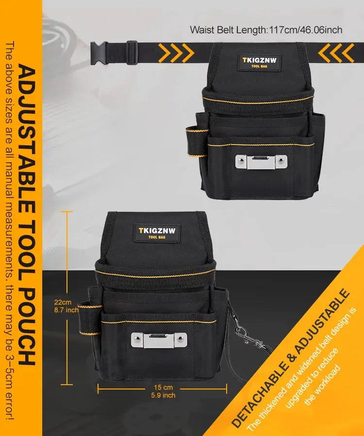 TKIGZNW tool belt pouch in black with yellow stitching, detachable strap, and multiple pockets