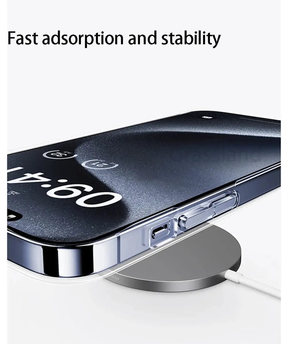 MagSafe wireless charger pad with a silver circular base charging an iPhone in a transparent case