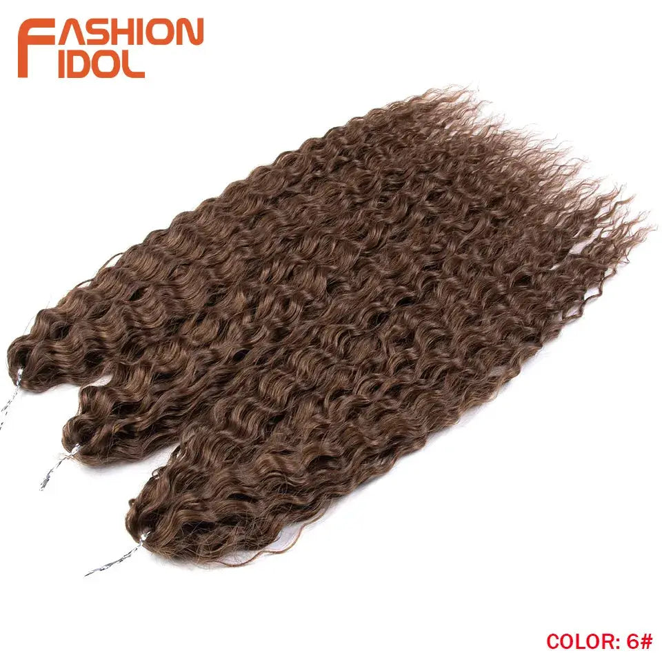 Ariel Curl crochet hair extensions; three 22-inch deep-wave bundles in color 6 brown, Fashion Idol logo, Simples Market