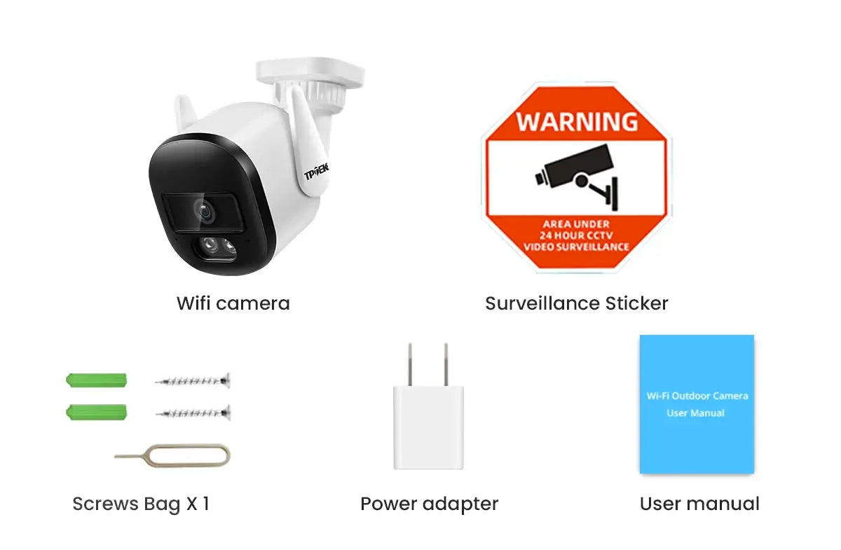 Simples Market 2K outdoor wifi bullet camera with IP66, white housing; includes screws, power adapter, user manual, and surveillance sticker