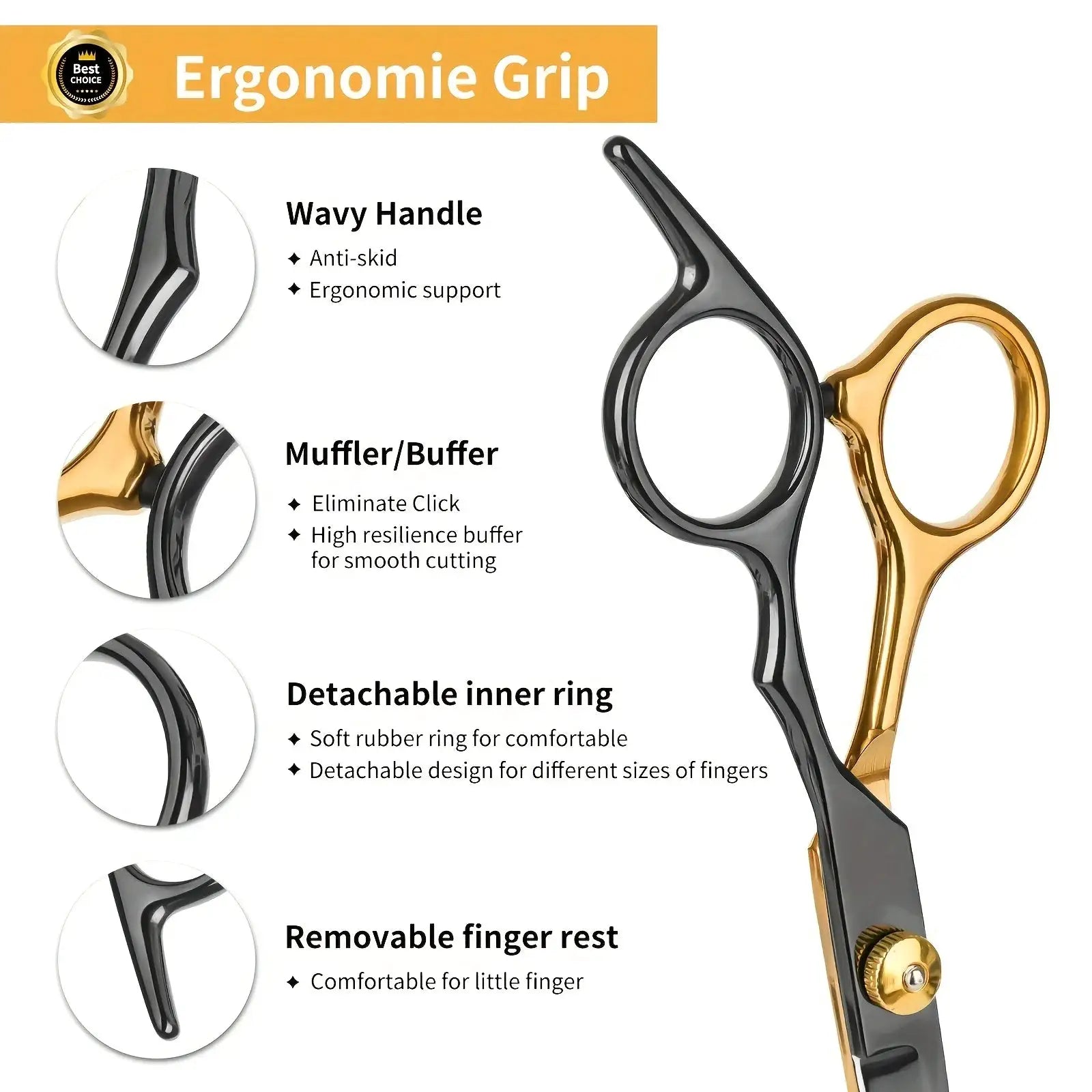 Professional hair cutting scissors set in black and gold with ergonomic, wavy handle