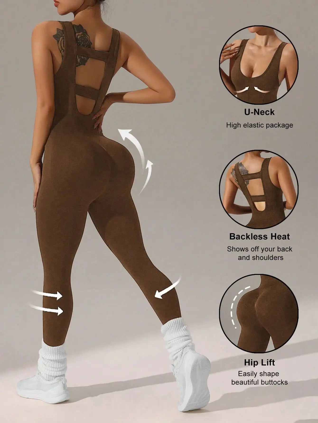 Simples Market women's brown vest jumpsuit with U-neck and backless design, elastic fabric