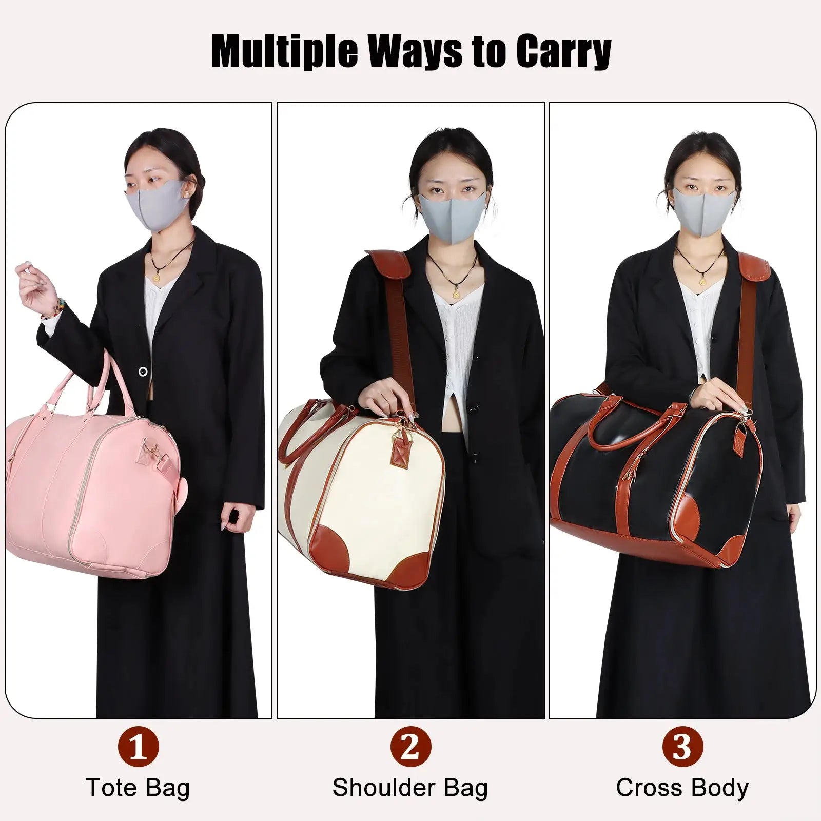 Foldable handbag set of three by Simples Market: pink tote bag, cream shoulder bag, and black crossbody bag.