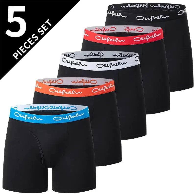 Boxer briefs 5-piece set for men with black fabric and colored elastic waistbands