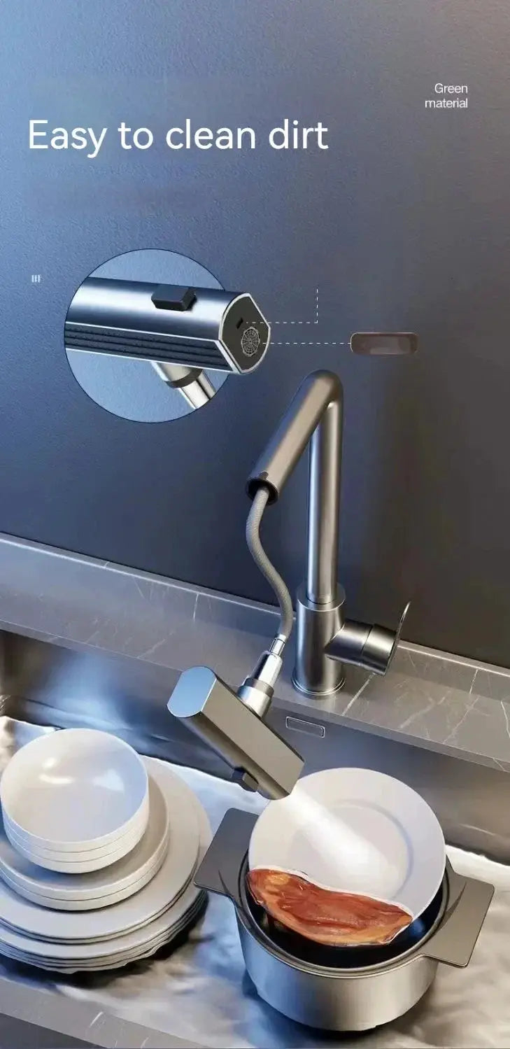 Grey pull-out kitchen faucet with flexible hose and spray head, deck-mounted by Simples Market
