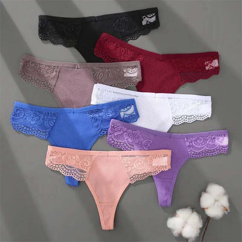 Women's cotton lace thong panties, 9-pack in assorted solid colors
