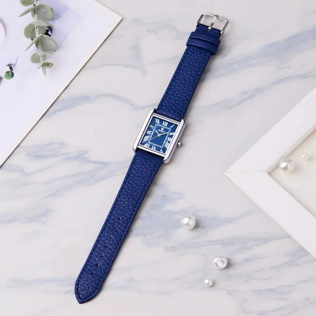 OGEDA waterproof couple watches blue leather strap stainless steel square dial Roman numerals Simples Market