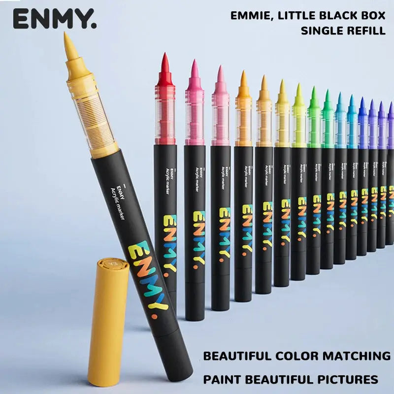 ENMY acrylic paint markers set with soft heads in rainbow colors on black bodies