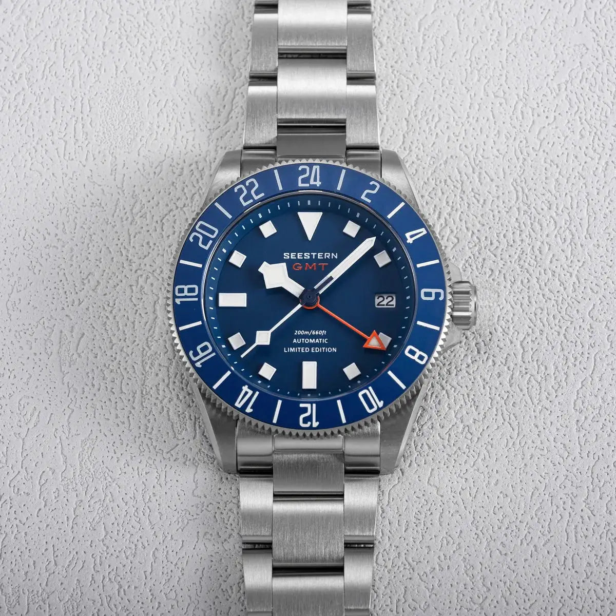 Seestern Diver GMT wristwatch with blue dial, blue bezel, date window, stainless steel bracelet