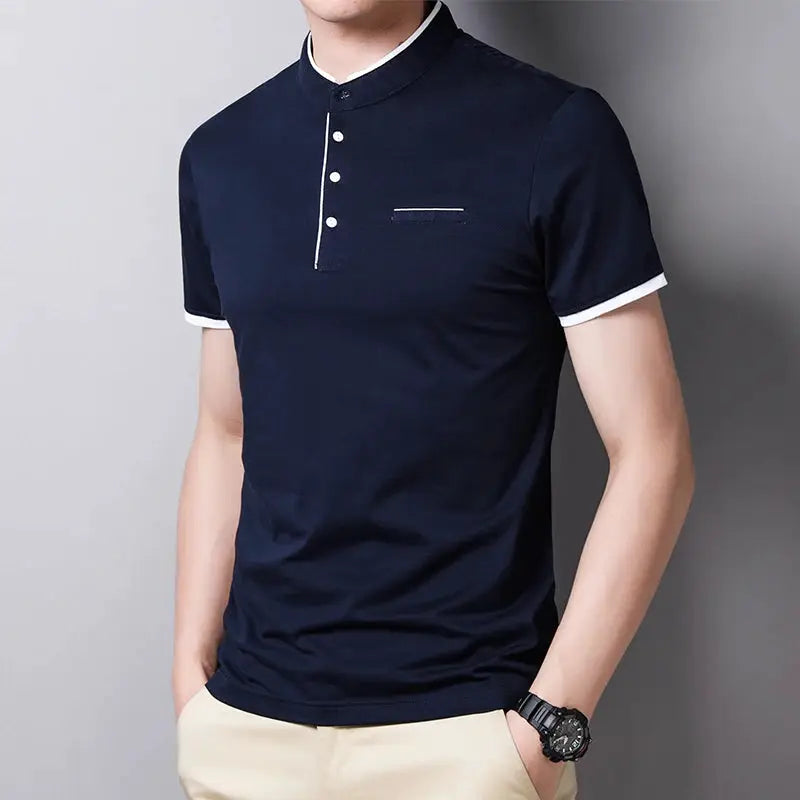 Simples Market navy men's stand-up collar short-sleeve T-shirt with white trim and small chest pocket