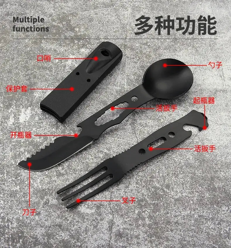 Portable stainless steel camping tool set with knife, fork, spoon, bottle opener and whistle by Simples Market in black