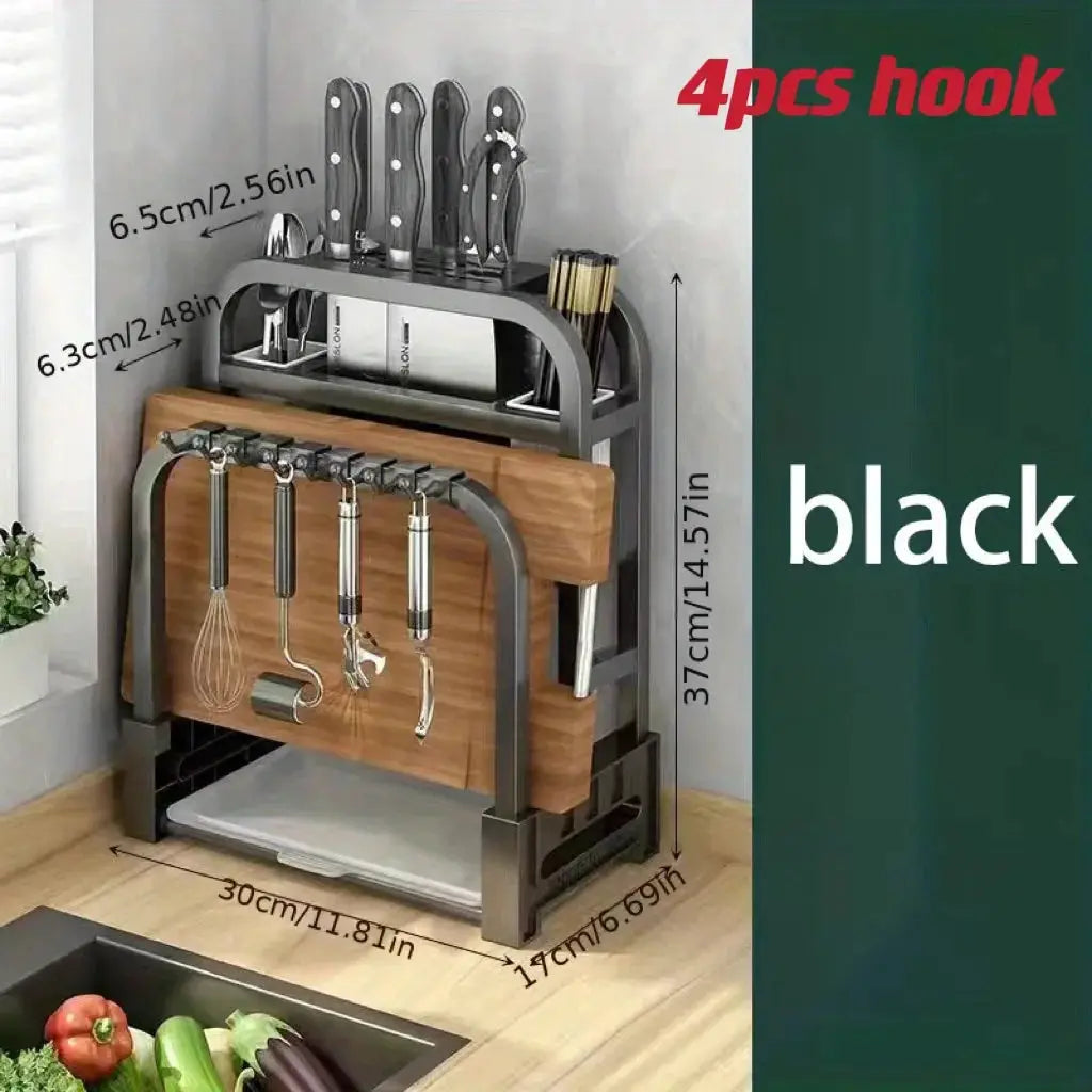 Stainless Steel Knife Holder Kitchen Rack With Integrated Cutting Board Storage For Efficient Countertop Organization