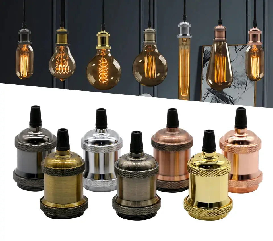 Aluminum pendant lights with vintage Edison bulbs; 8 E27 lamp holders in copper, brass, chrome finishes.