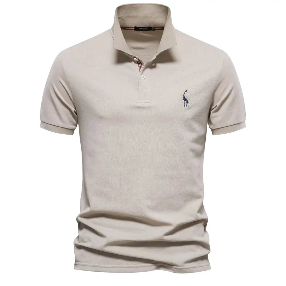 AIOPESON men's cotton polo shirt, beige short-sleeve with navy polo logo on chest