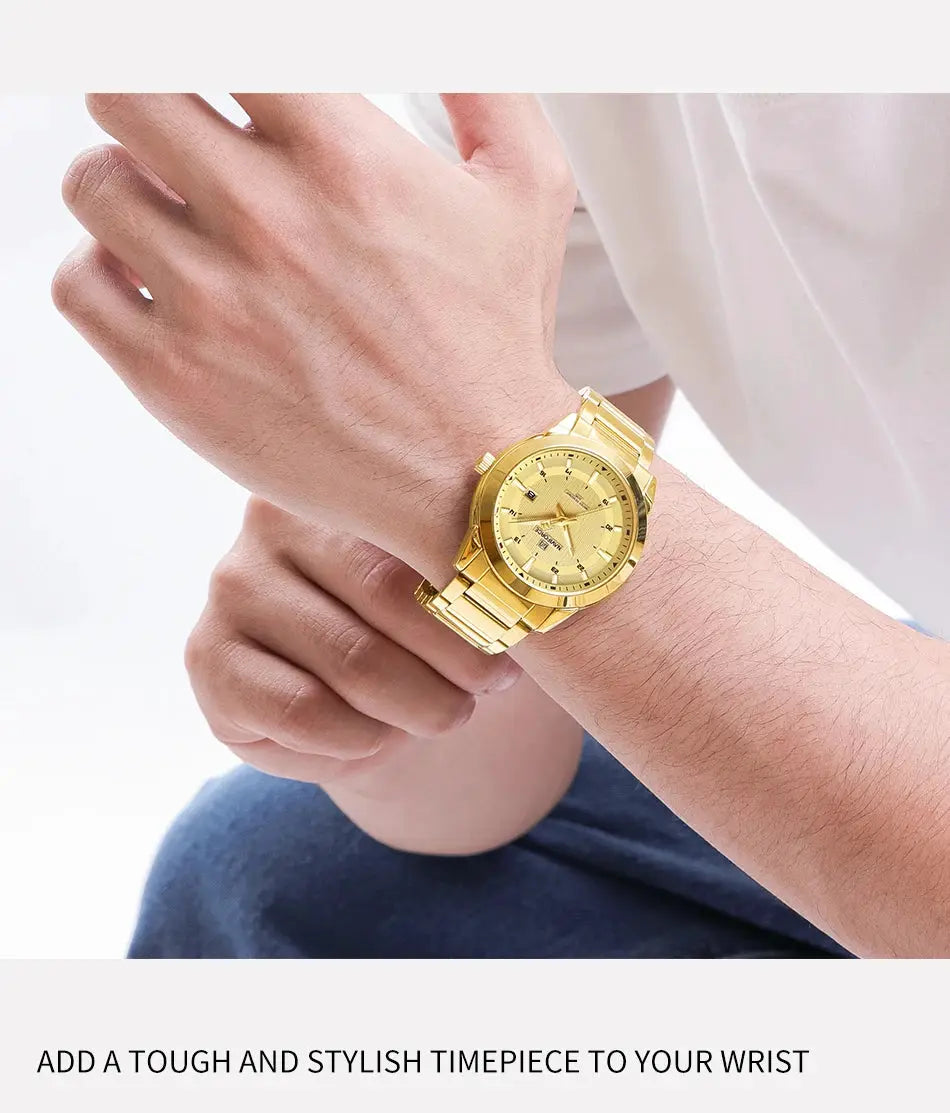 Men's gold NAVIFORCE wristwatch with stainless steel strap and date display