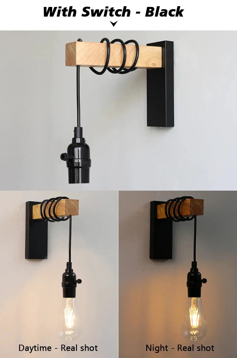 Wall light with switch, black metal wall mount and wooden beam, 110–220V E27 retro indoor sconce by Simples Market