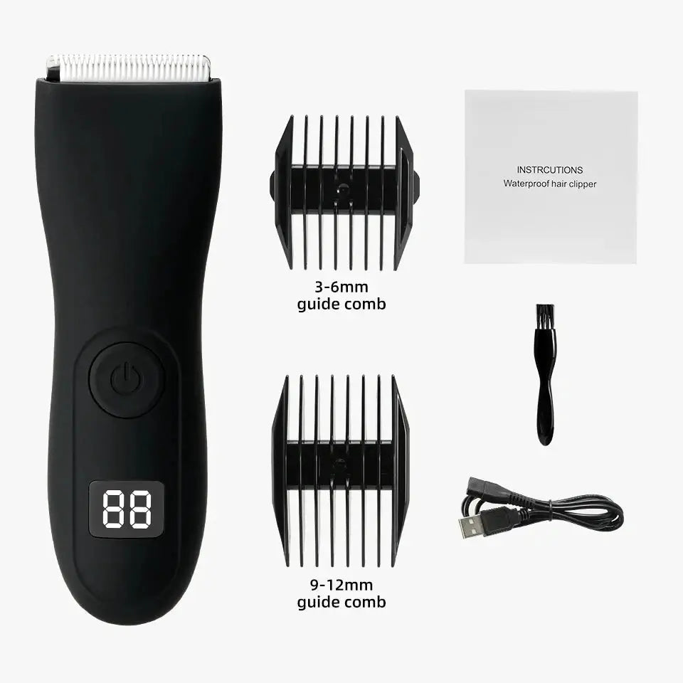 Simples Market HOMEFISH black body hair trimmer with digital display; includes two guide combs, USB cable, and brush