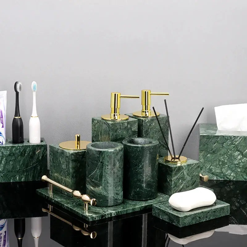 Simples Market Indian green marble bathroom accessories set with gold-toned dispensers
