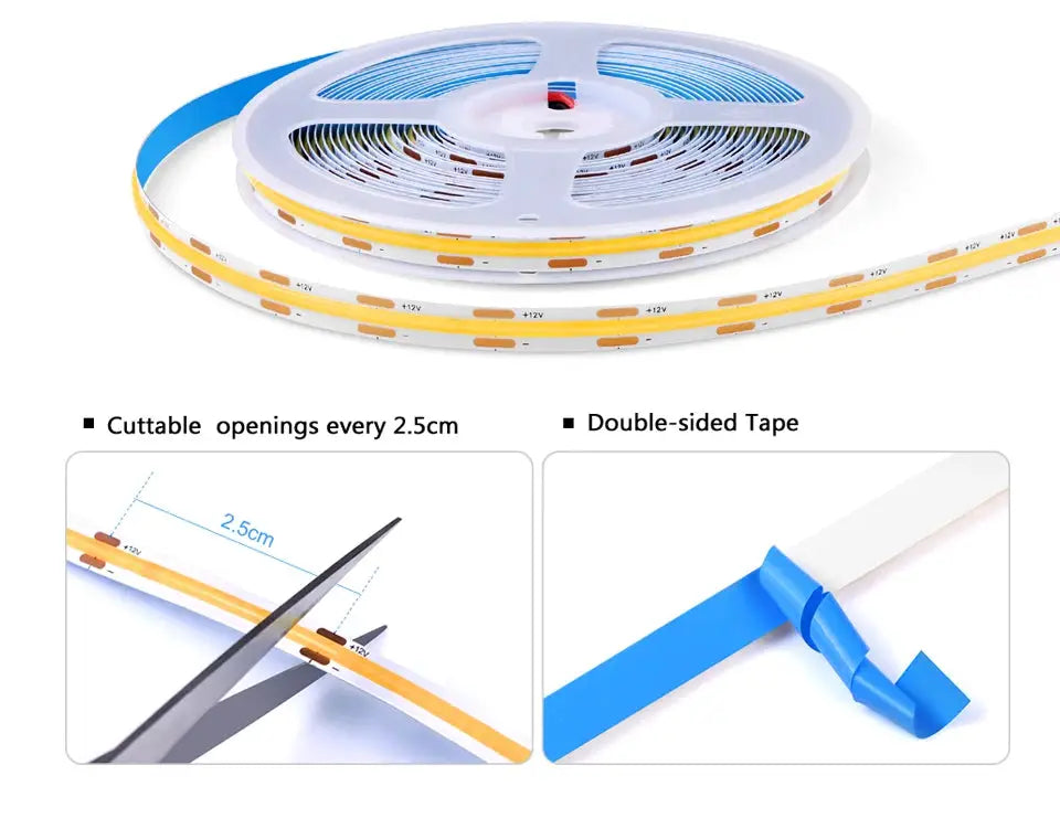 LED COB decorative light strip by Simples Market with blue backing and 2.5 cm cuttable segments