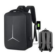 Black EVA hard-shell anti-theft backpack with USB port; waterproof travel laptop bag for men