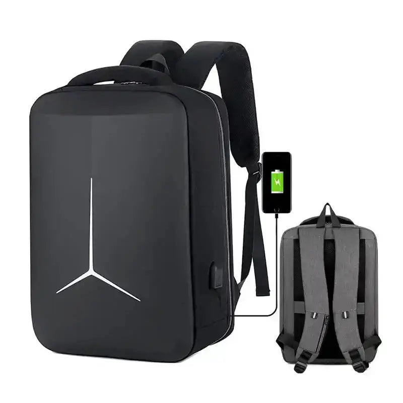 Black EVA hard-shell anti-theft backpack with USB port; waterproof travel laptop bag for men