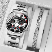 Men's two-piece stainless steel watch and bracelet set; Geneva-branded analog quartz watch with silver-tone bracelet