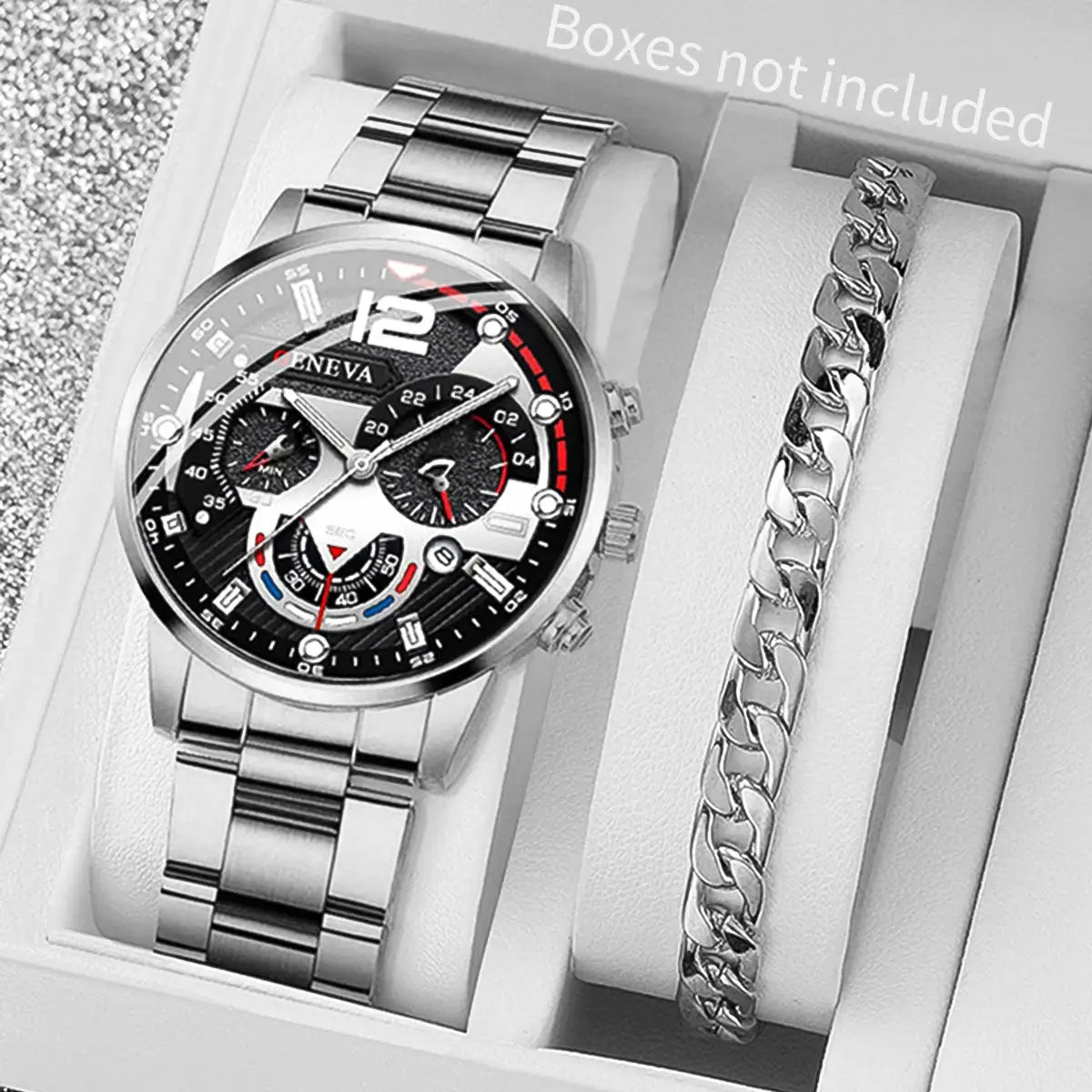 Men's two-piece stainless steel watch and bracelet set; Geneva-branded analog quartz watch with silver-tone bracelet