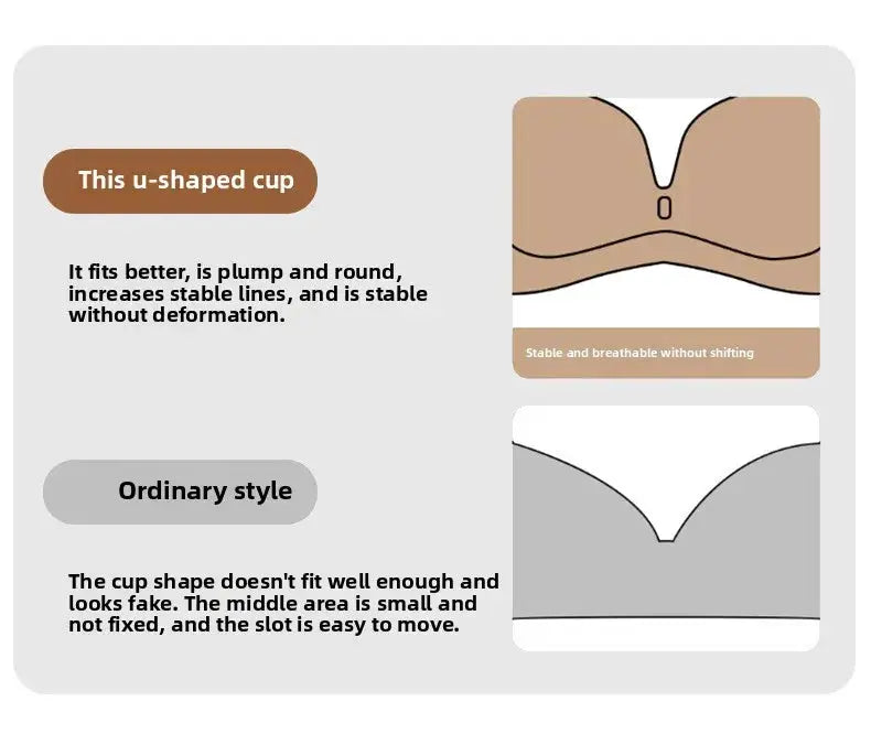 S-XL Plus Size Seamless Back One-Piece Bra with rear hook, wireless push-up; beige u-shaped cup vs gray ordinary style.