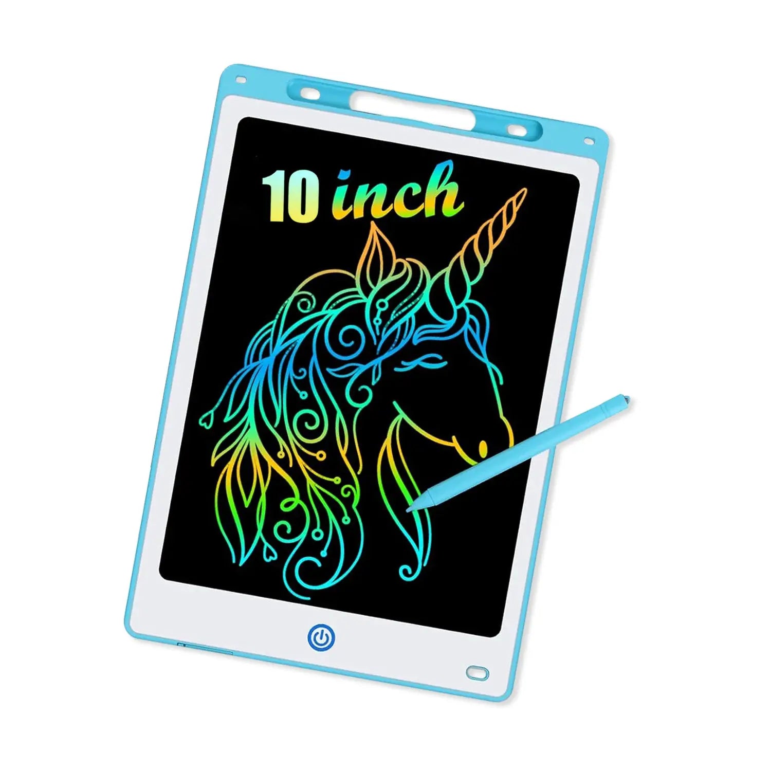 10-inch LCD writing tablet for kids with blue frame and rainbow unicorn drawing; includes stylus