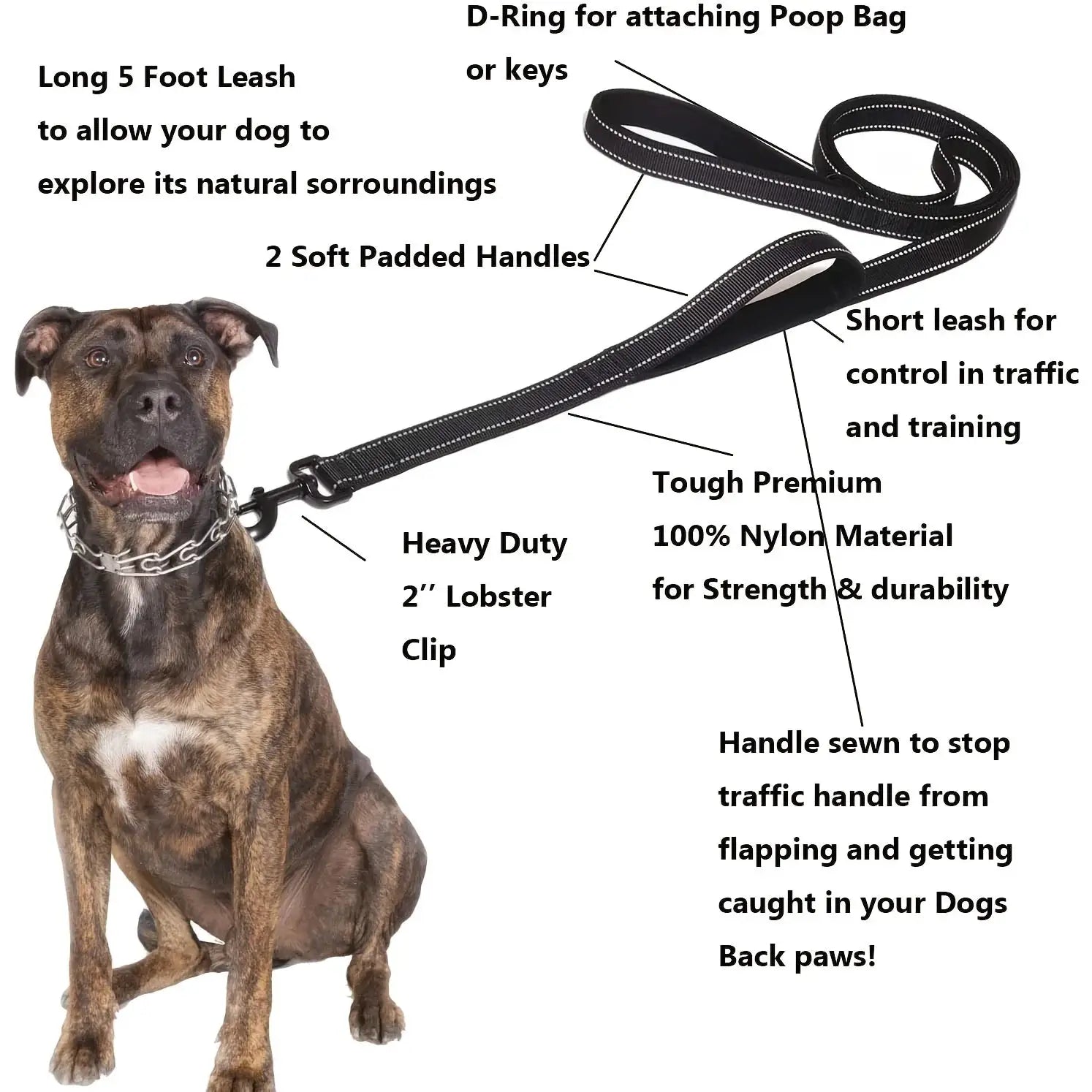 Heavy Duty Double Handle Dog Leash For Outdoor Travel And Training With Enhanced Control And Safety