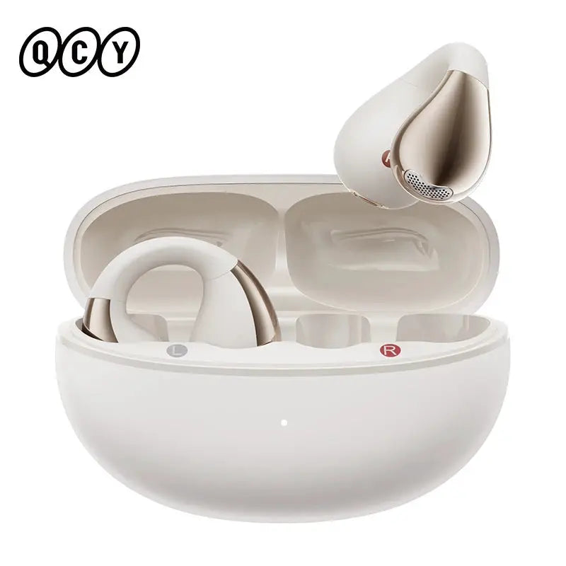 QCY Crossky C30 open-ear wireless earbuds in white charging case