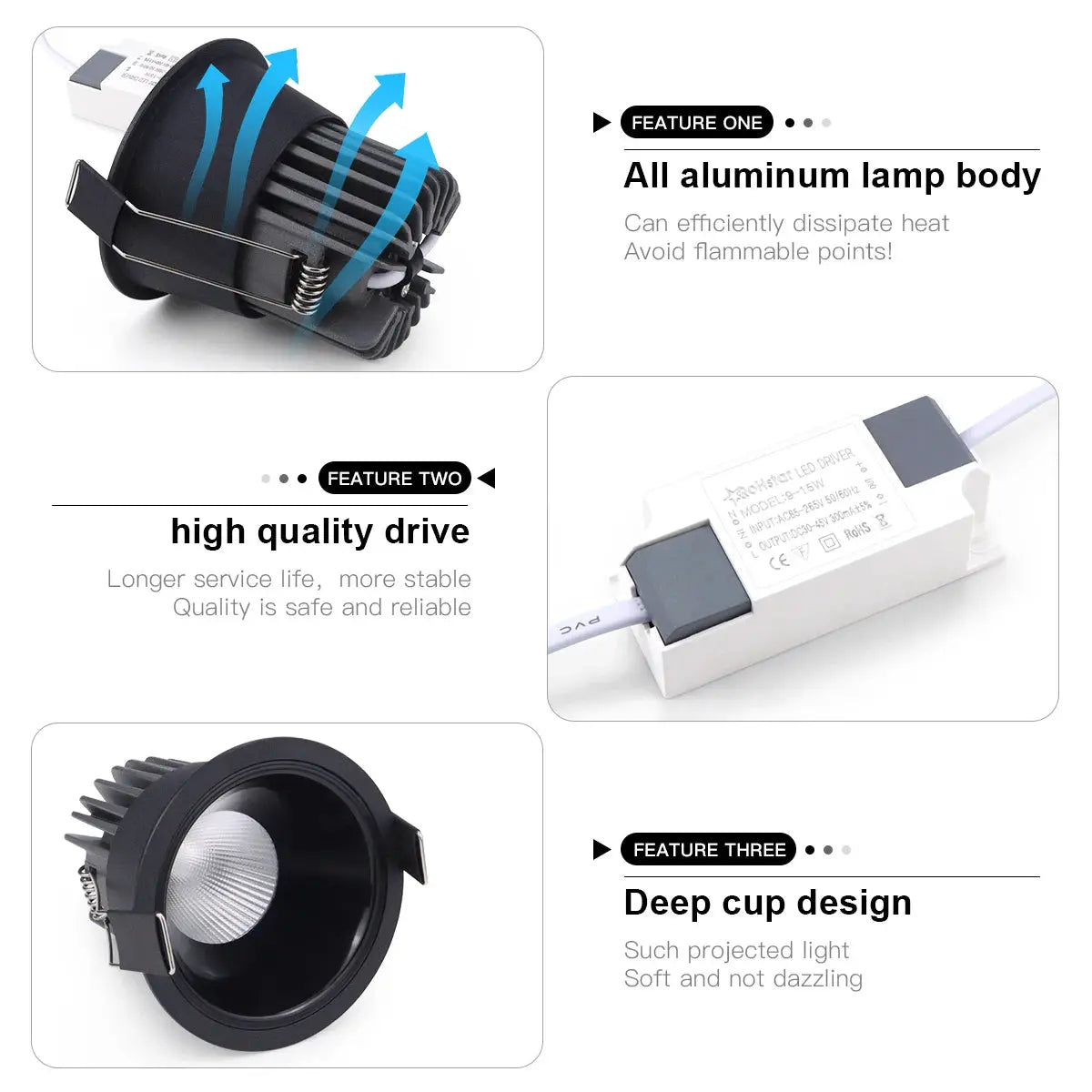 Simples Market aluminum LED spotlight with three components: heatsink, driver, and recessed downlight