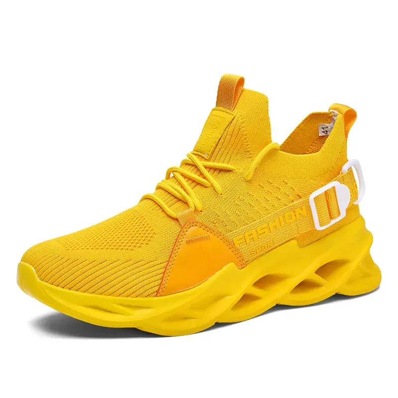 Yellow mesh sneakers by Simples Market; unisex breathable casual shoes with thick sculpted sole