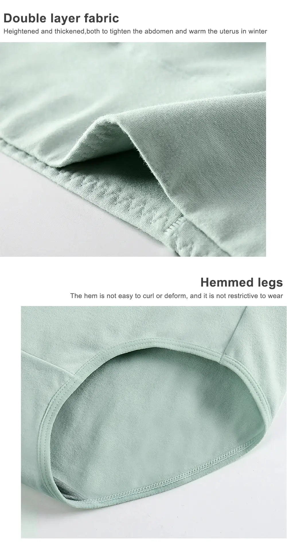Cotton high-waisted women's underwear, mint green, with double-layer fabric and reinforced hemming.