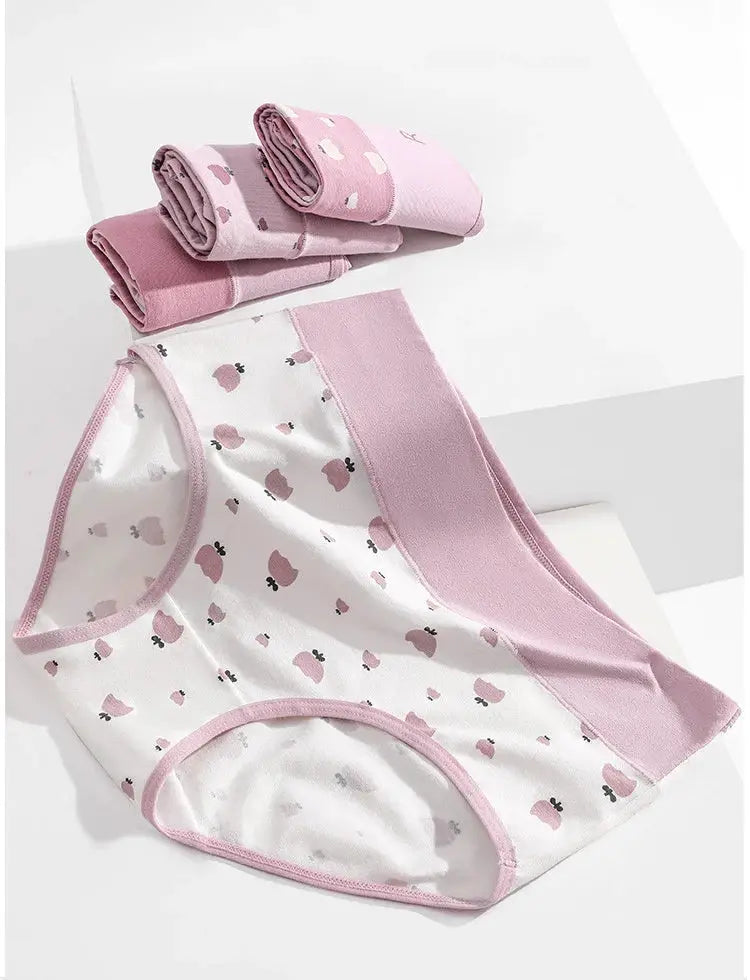 4-pc cotton women’s panties set in pink printed high-rise briefs; breathable and soft underwear