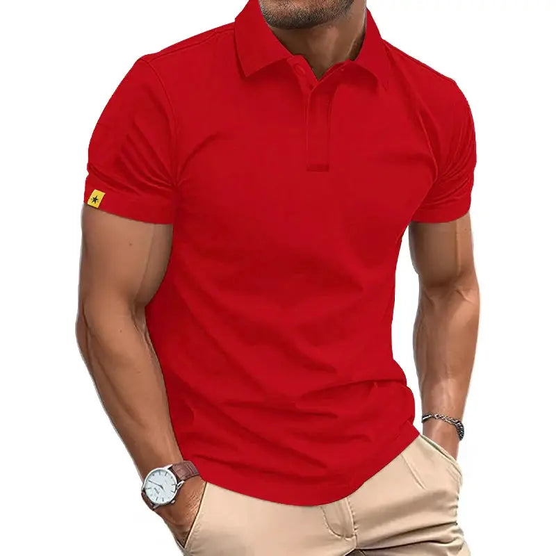Summer polo shirt for men, red short-sleeve breathable by Simples Market with yellow sleeve logo