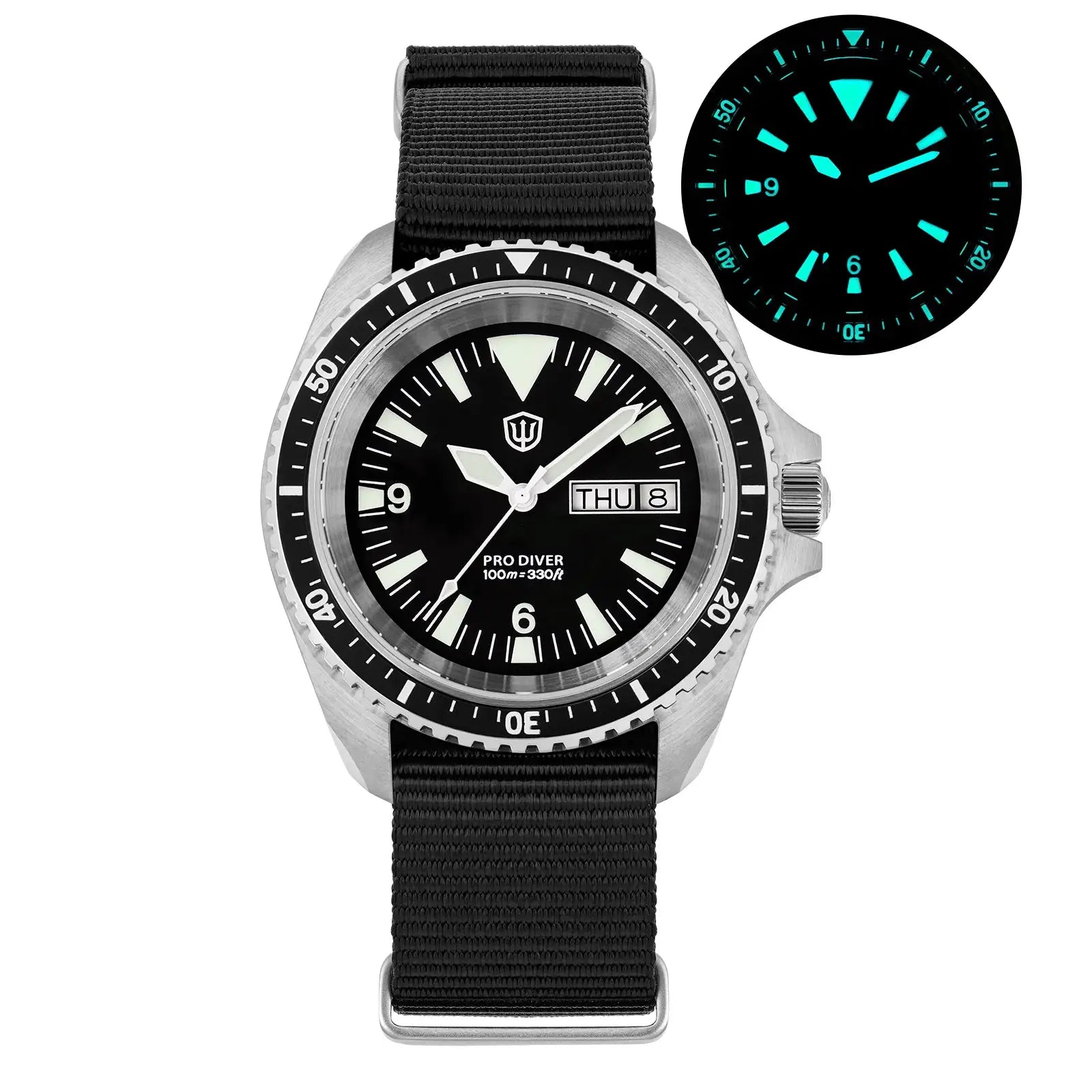 Watchdives WD1980 V3 luxury dive watch by Simples Market; black dial, stainless steel case, black fabric strap