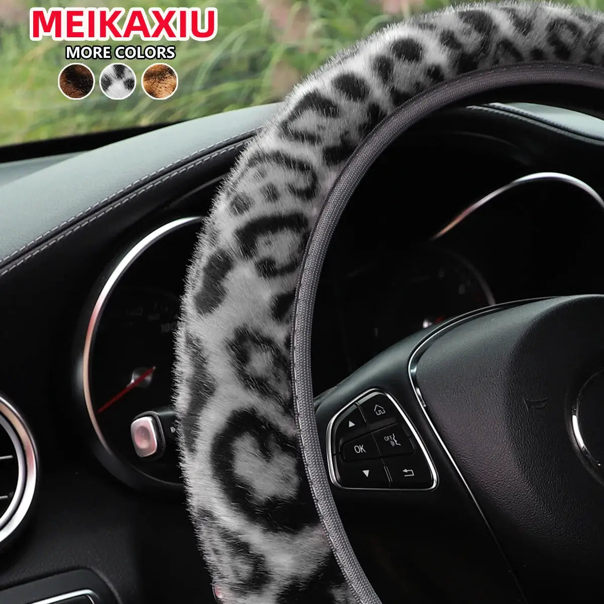 Leopard print plush steering wheel cover, MEIKAXIU brand, grey/black.