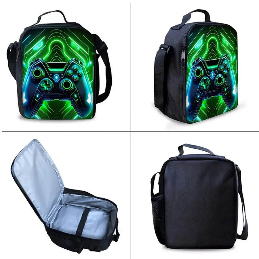 Three-piece game-console pattern kids backpack set with black neon-green print.