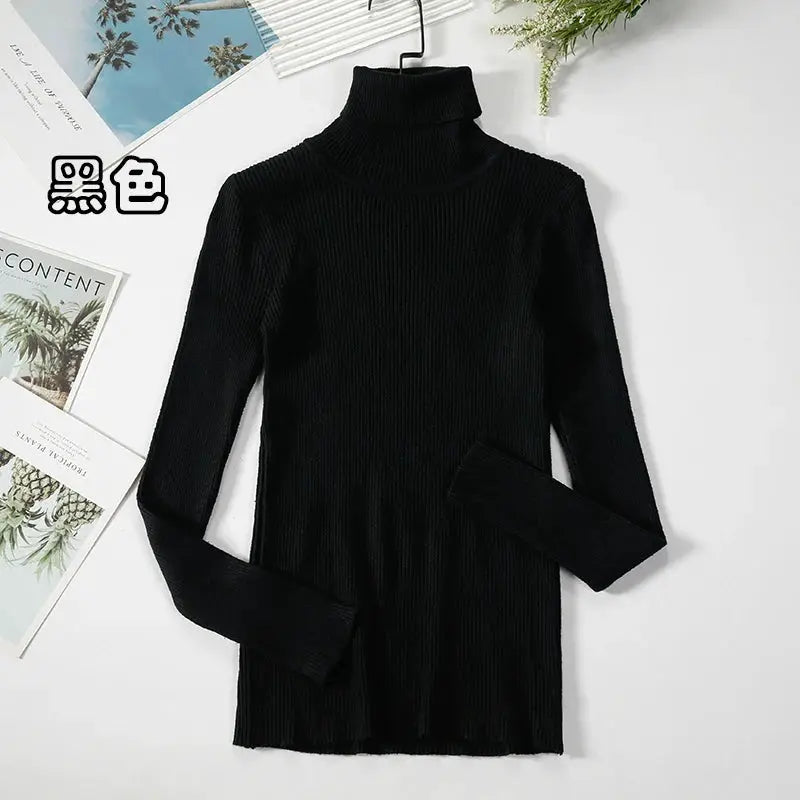 Women Turtleneck Sweater Slim Fit Elastic Knit Acrylic Cotton Blend Medium Stretch Solid Black